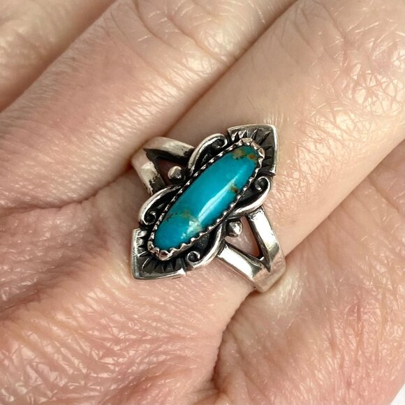 VTG Bell Trading Sterling Silver 925 Southwest Style Oval Turquoise Ring Sz 7.5 - Picture 3 of 16